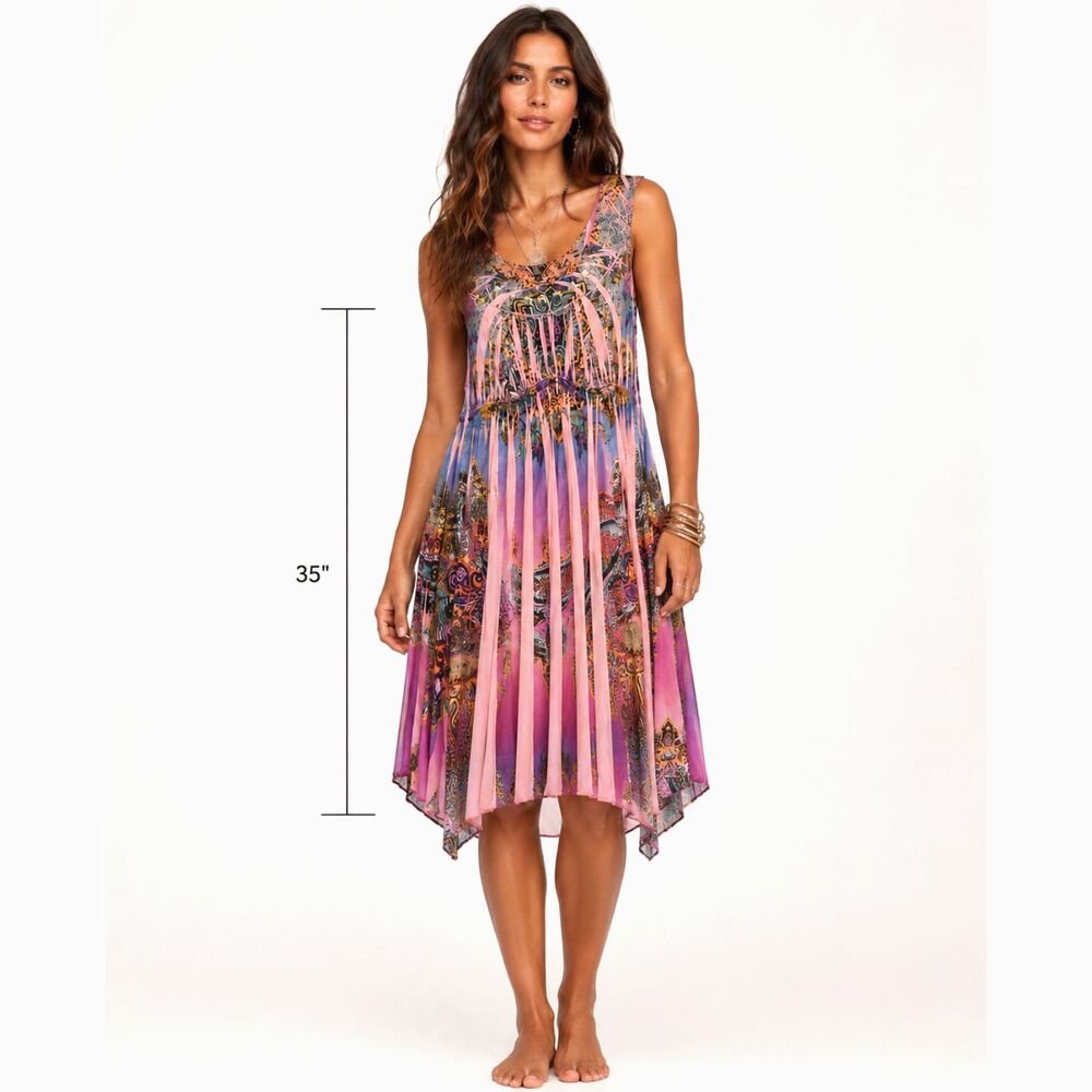 Apt 9 Studded Paisley Sleeveless Dress Ribbon Detail Handkerchief Hem M